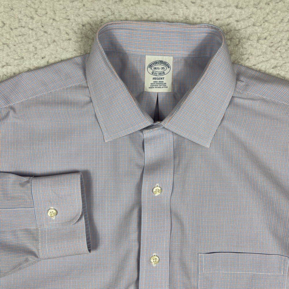 Brooks Brothers Dress Shirt‎ Mens 16.5-35 Blue Orange Regent Non-Iron Check